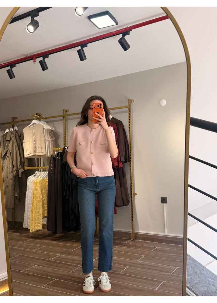 GLARMİ DÜĞME DETAYLI TRİKO HIRKA PEMBE